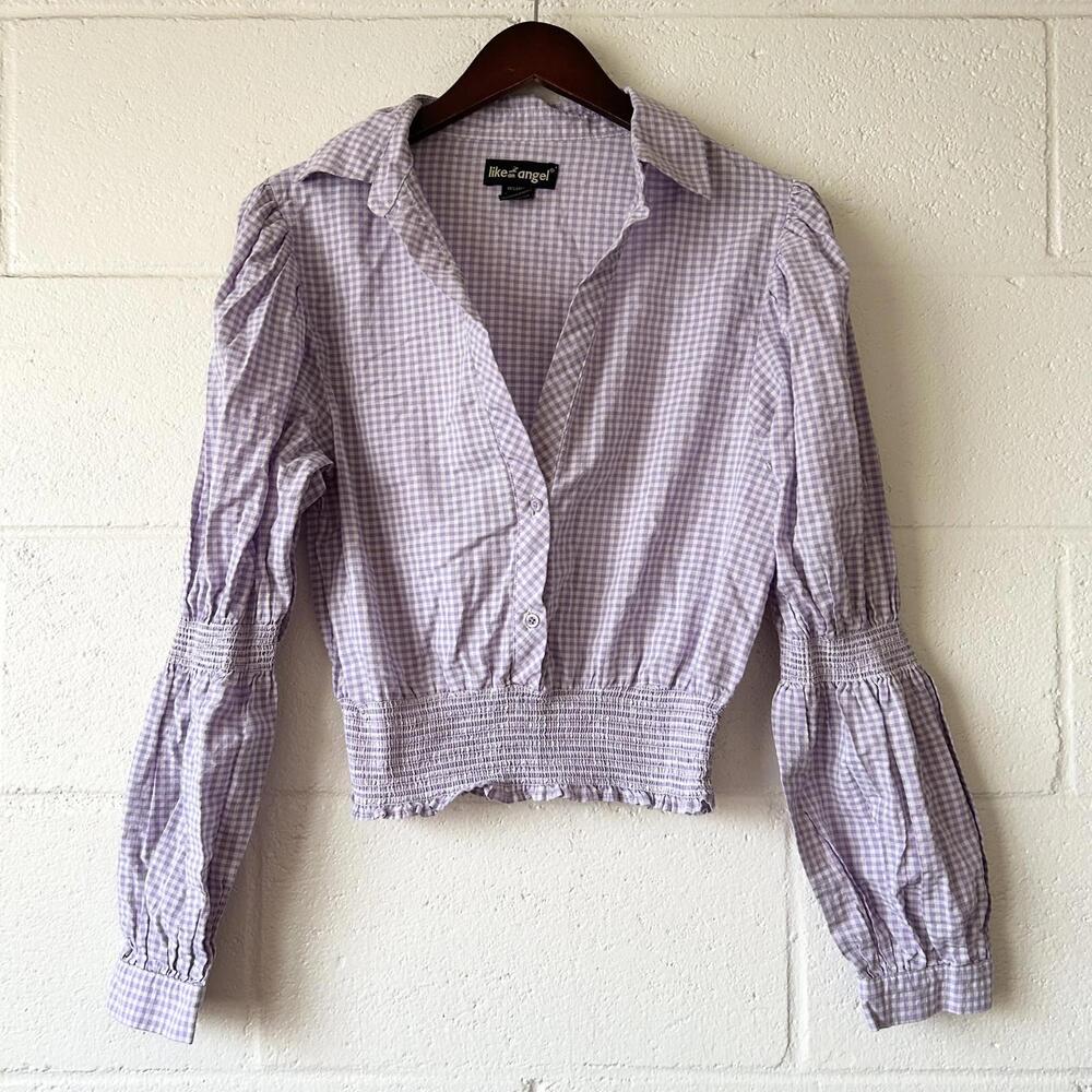 Like An Angel Purple Gingham Checkered Long Sleeve Collared Blouse Women's Large